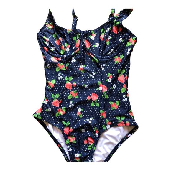 Modcloth NIP Brandy Underwire Blue Fruit Polka Dots Print One-Piece Swimsuit XS - Picture 4 of 12